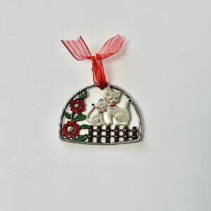 Vintage Kuhn Zinn Pewter Cat and Flower Christmas Ornament German Folk Art
